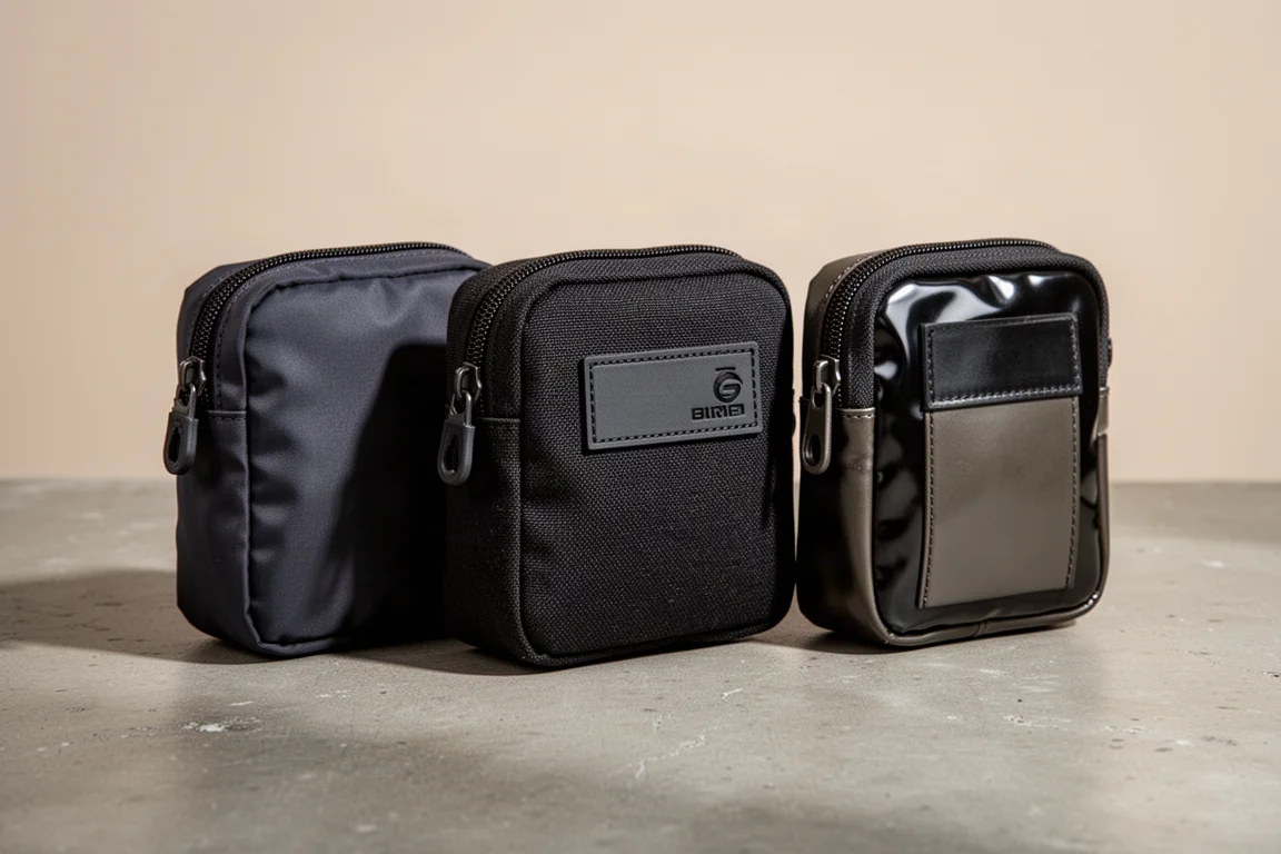 Three zippered tech pouches side by side on a matte concrete surface