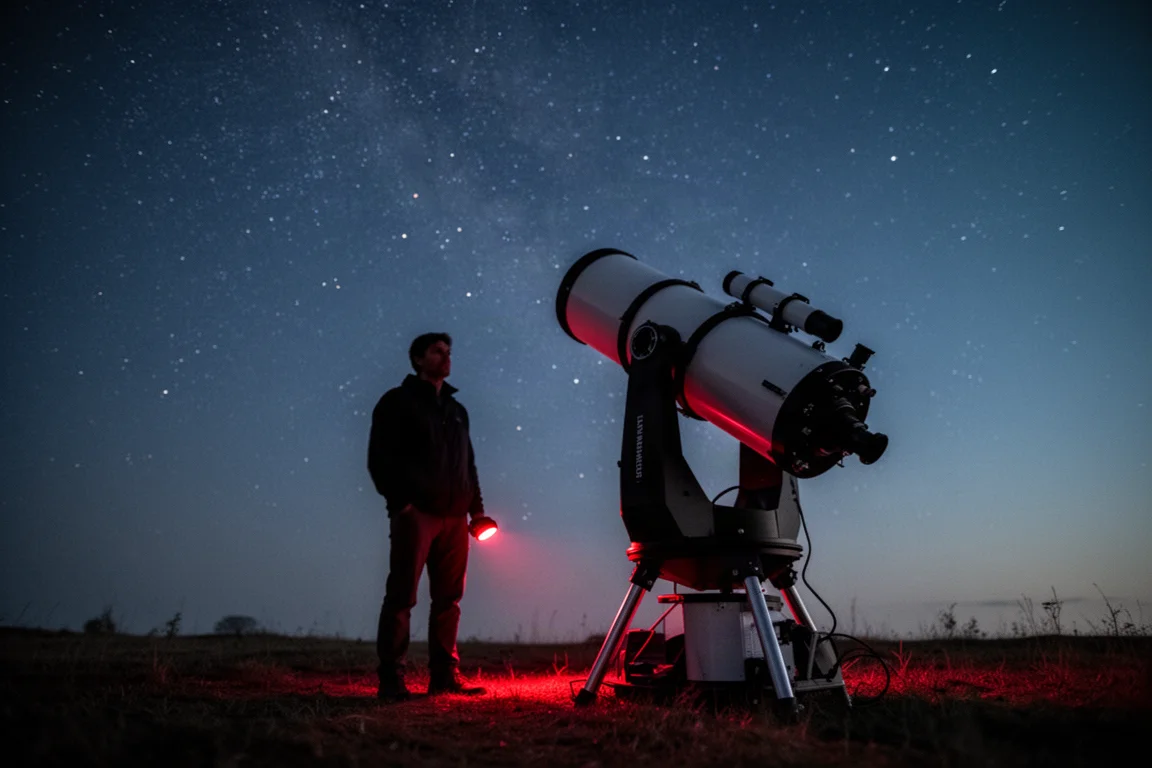 Astronomo amatoriale che osserva il cielo notturno con un telescopio Dobsonian