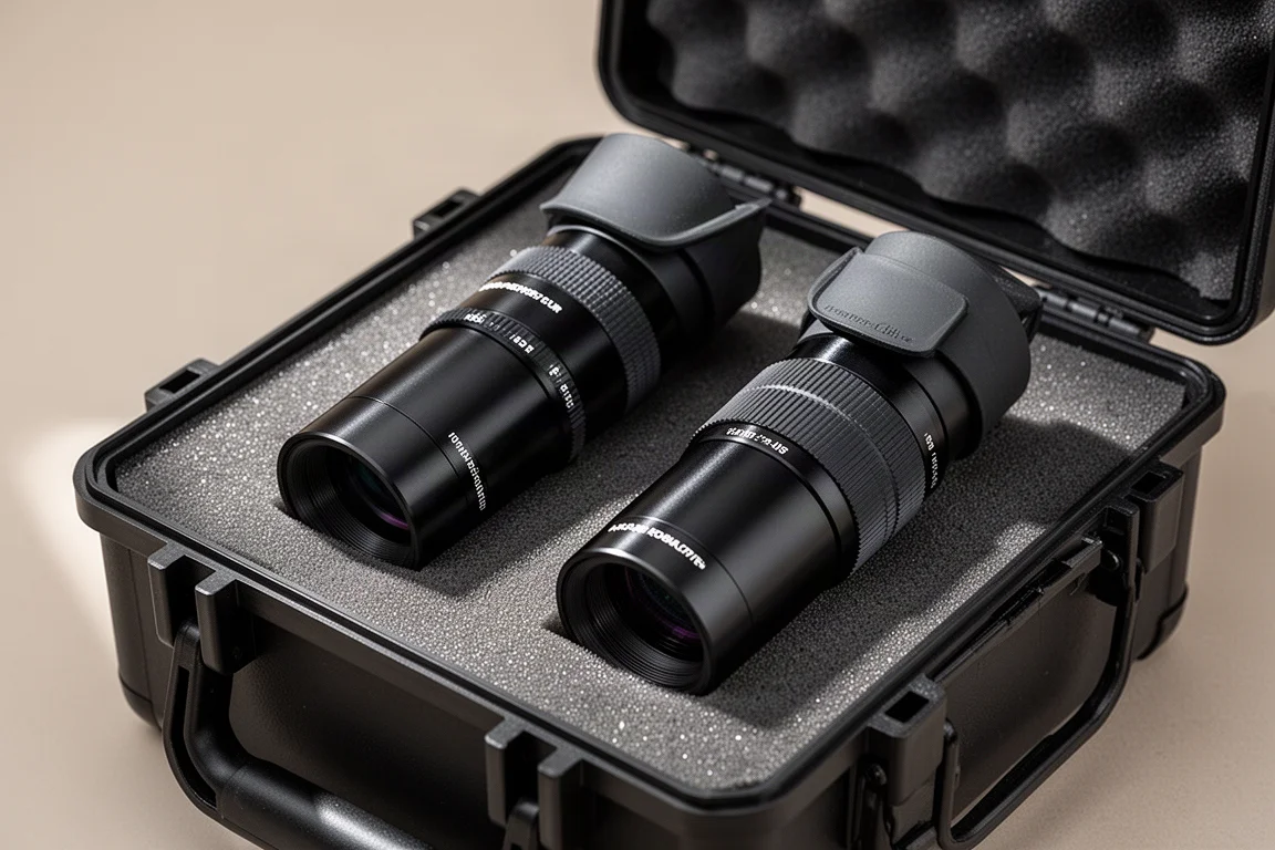 Coppia di oculari di alta gamma appoggiati in una custodia accessoriale con rivestimento in gomma piuma