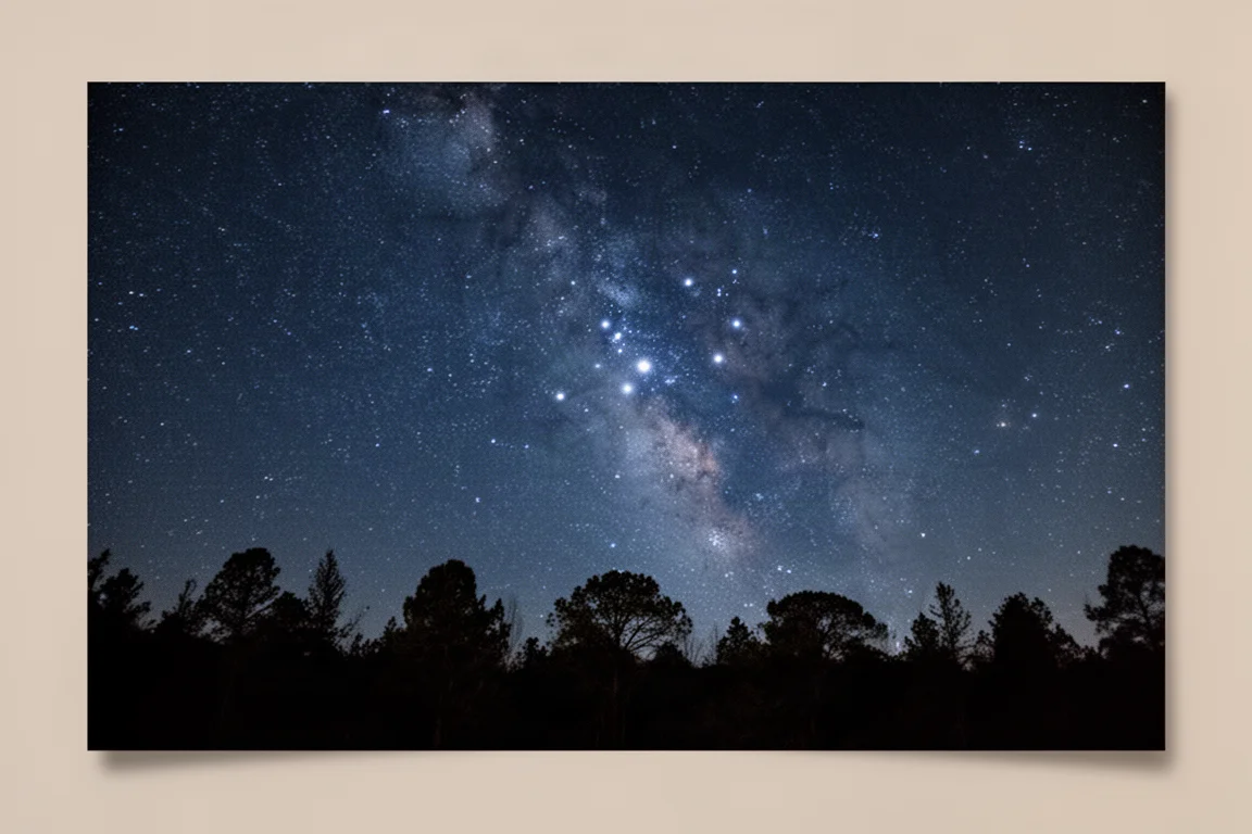 Ampio campo stellato sopra alberi in controluce ripreso di notte