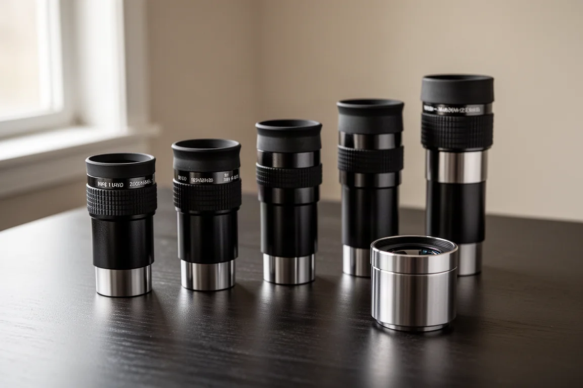 Five telescope eyepieces arranged in a row on a dark wooden surface