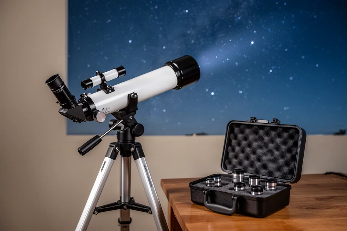 Telescopio puntato verso il cielo notturno accanto a una valigetta di oculari su un tavolo
