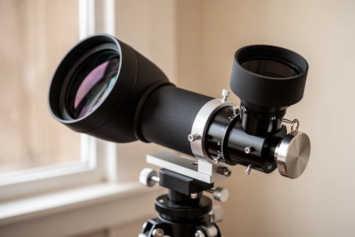 Grande oculare da 2 pollici accanto a un contrappeso su un telescopio
