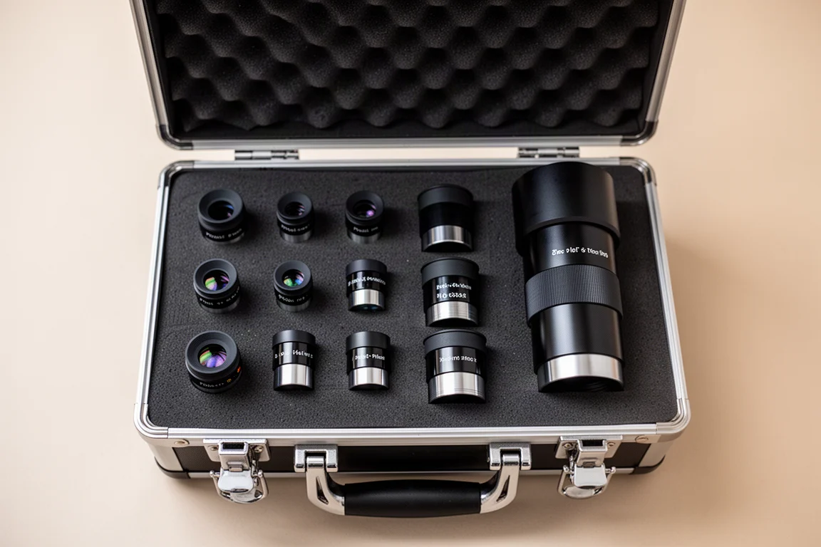 Valigetta con rivestimento in schiuma contenente una collezione di oculari per telescopio