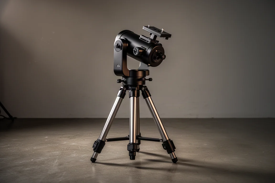 Modern equatorial telescope mount on a tripod in a dim studio