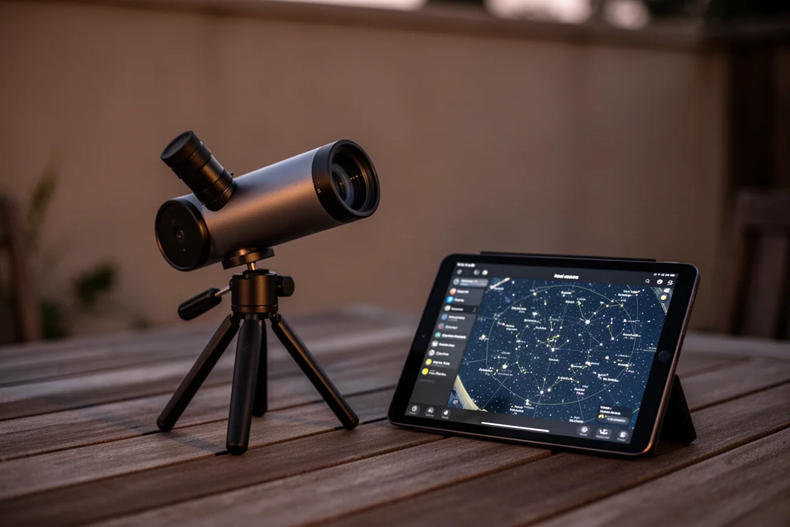 Smart Telescope auf einer Terrasse in der Dämmerung, verbunden mit einem Tablet