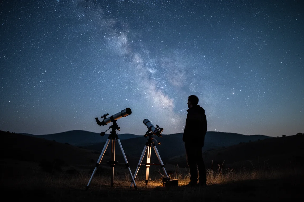 Person observing the night sky through a telescope in a dark field