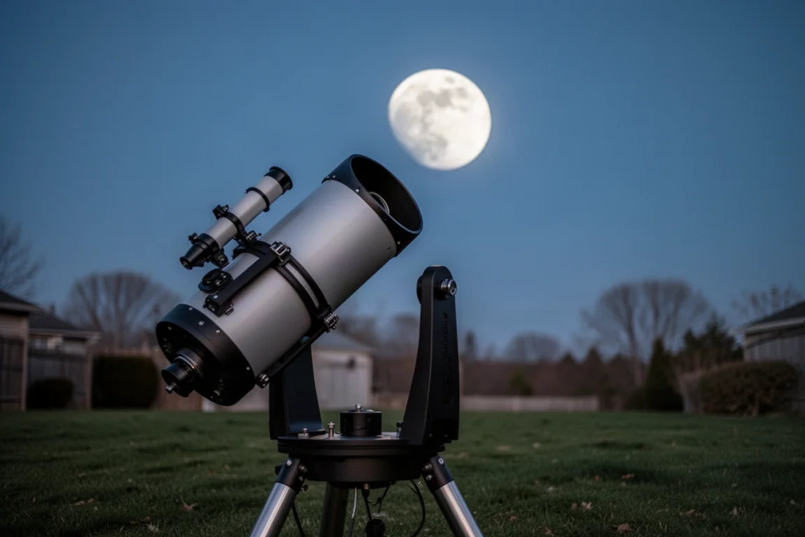 Dobsonian telescope aimed at the moon in a backyard at twilight