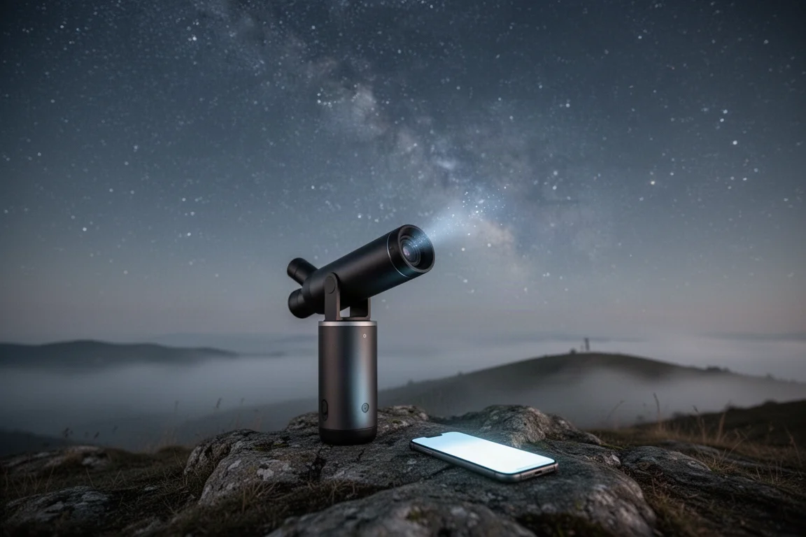Smart telescope capturing deep sky objects on a hilltop at night