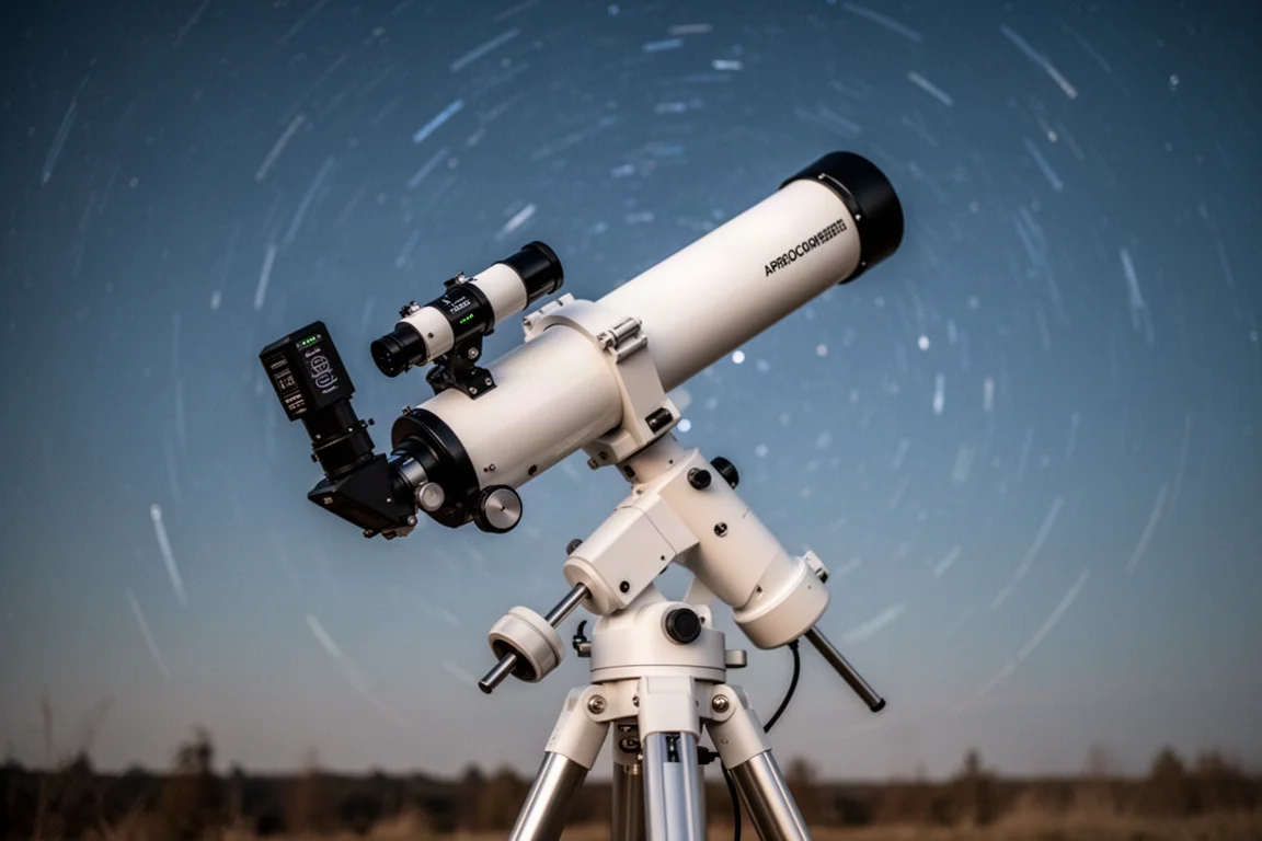 Refractor telescope and camera on a mount imaging the night sky