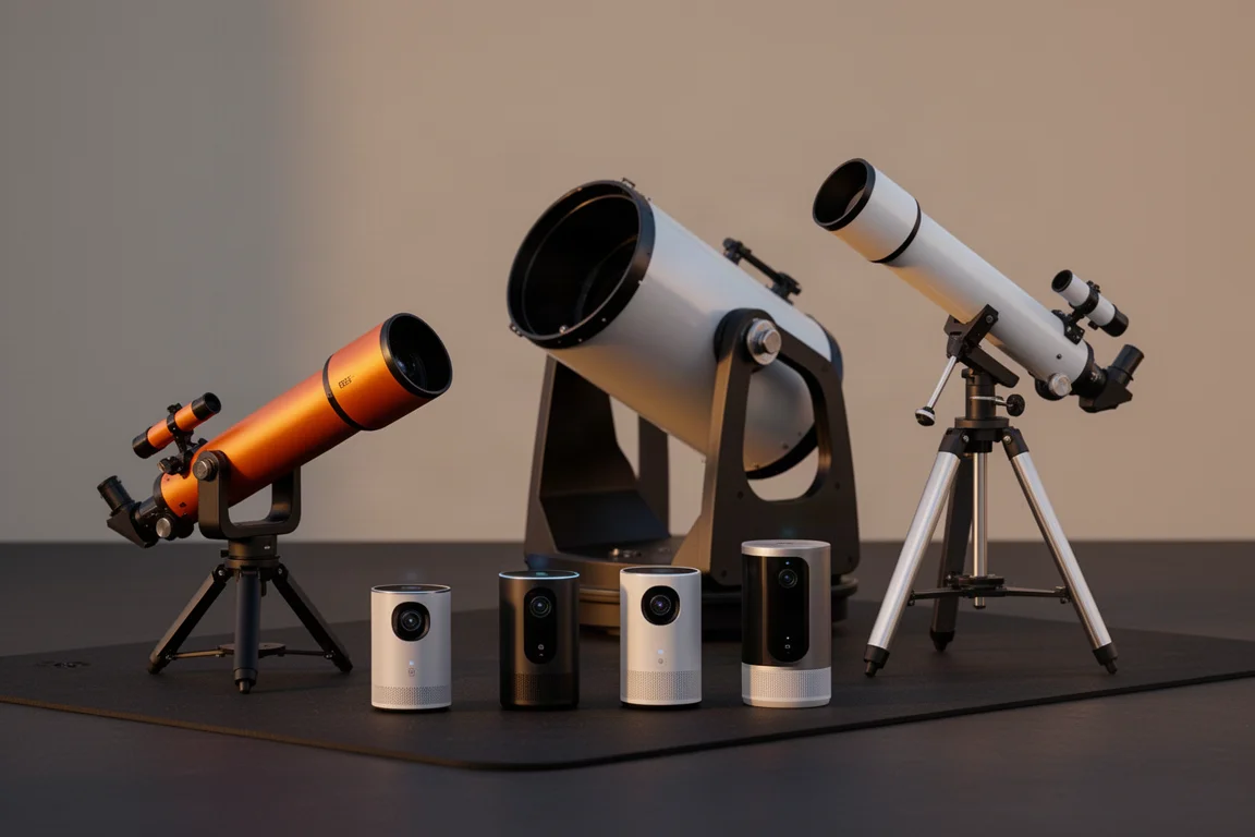 A lineup of modern telescopes including a Dobsonian, smart telescope, and refractor at dusk
