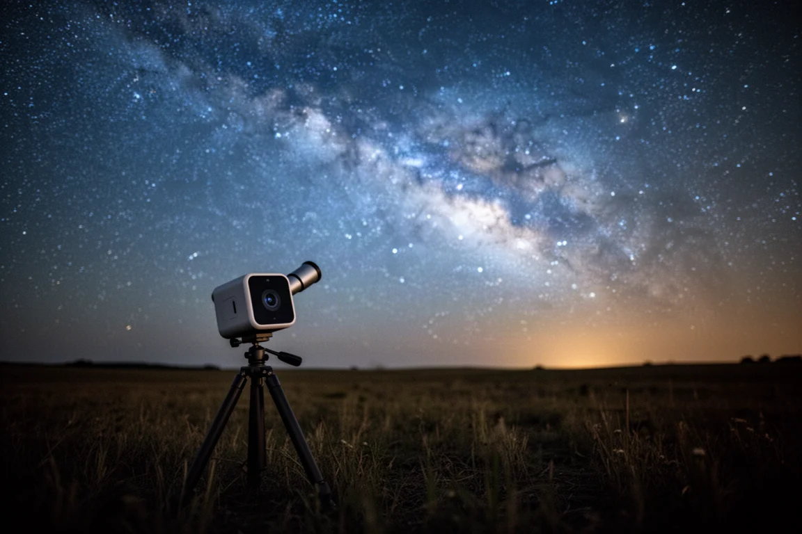 Smart-Teleskop fotografiert die Milchstraße über einer dunklen Landschaft bei Nacht