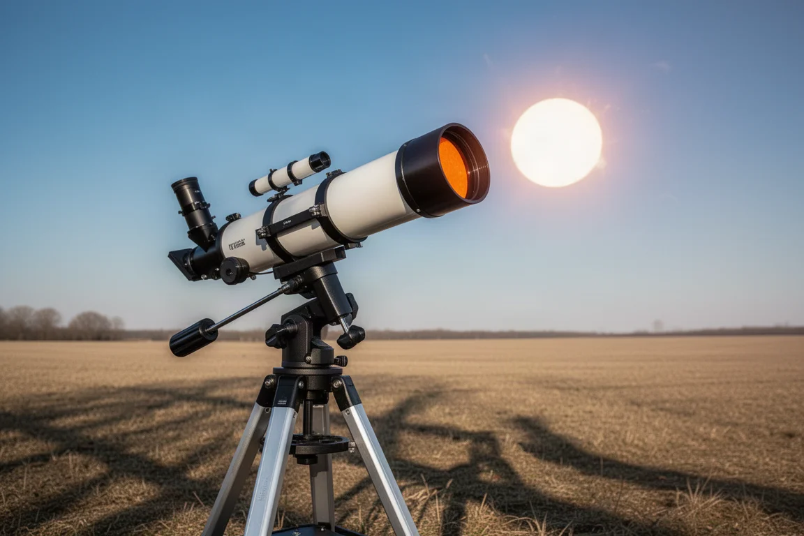 Sonnenteleskop bei Tage auf die helle Sonne gerichtet, mit gefiltertem orange leuchtendem Bild