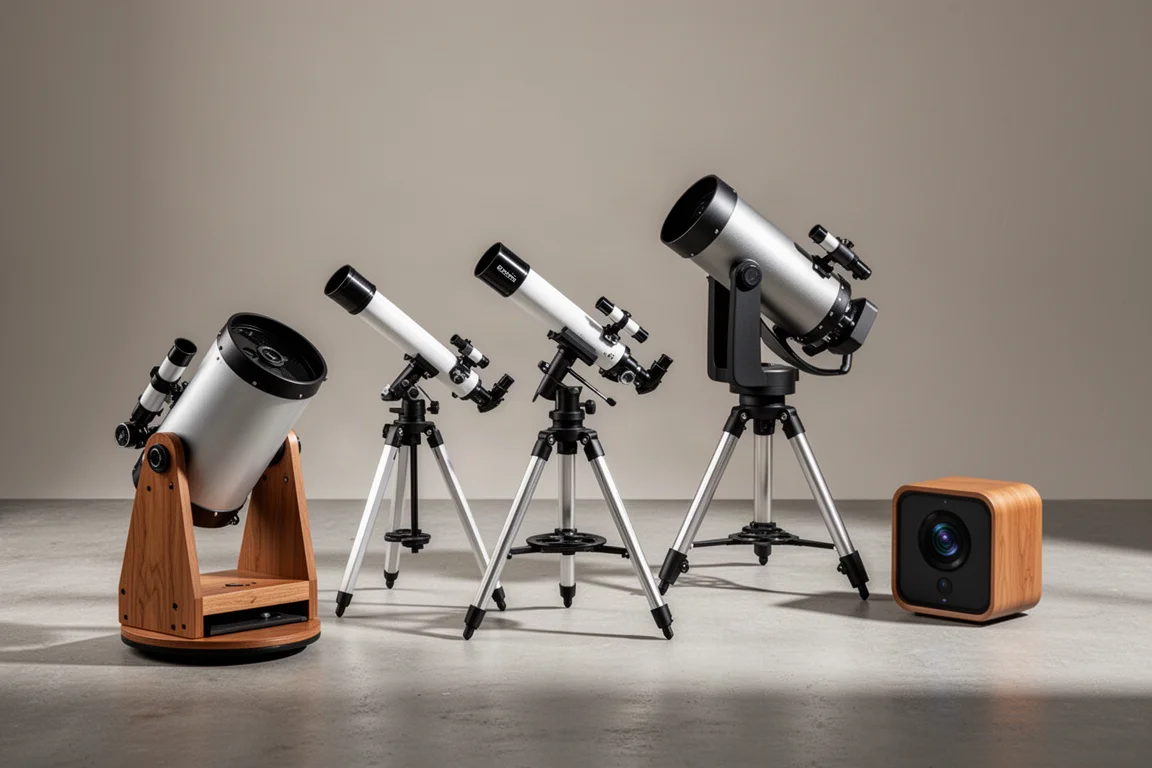 Collection of telescopes including a tabletop Dobsonian, refractor, Schmidt-Cassegrain, and smart telescope