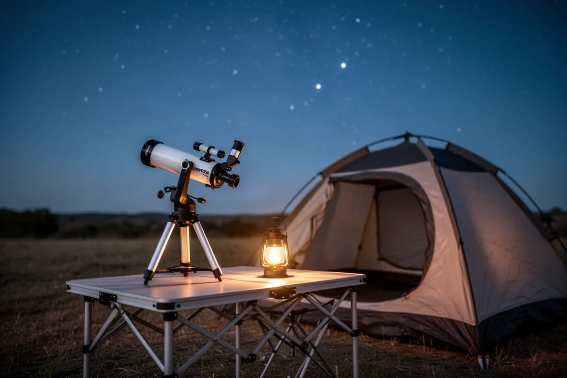 Kompaktes Tischteleskop auf einem Campingtisch unter Abendhimmel aufgebaut