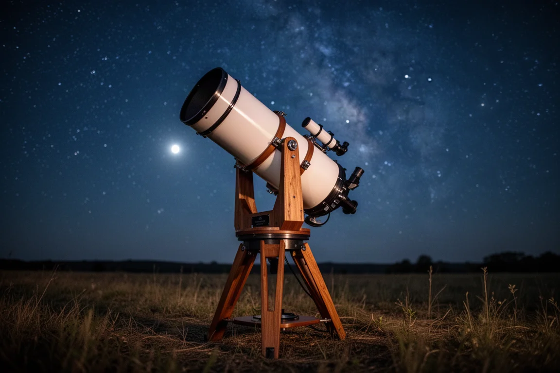 Großes manuelles Dobsonian-Teleskop auf den Nachthimmel gerichtet auf einem dunklen Feld