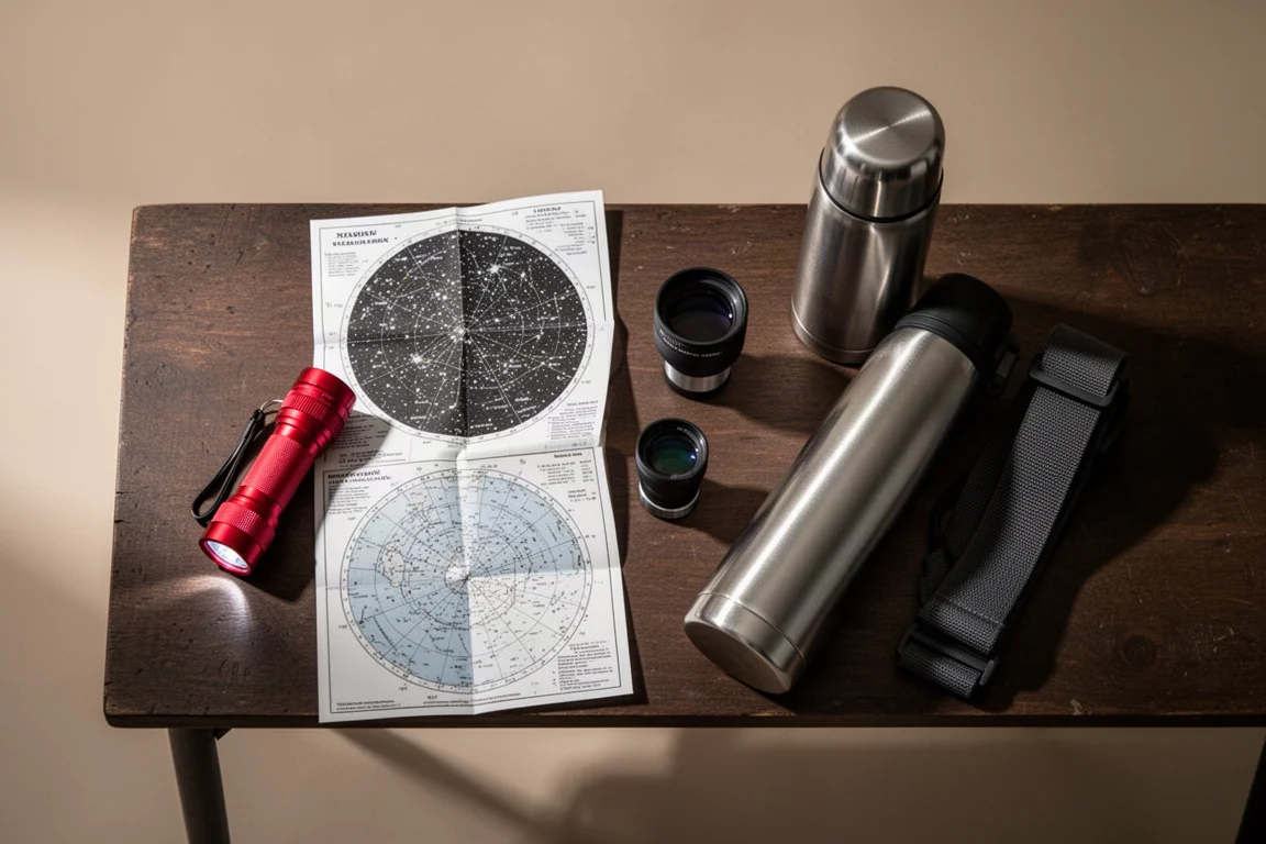 Rote Taschenlampe und Sternkarte neben einem Teleskop auf einem Tisch