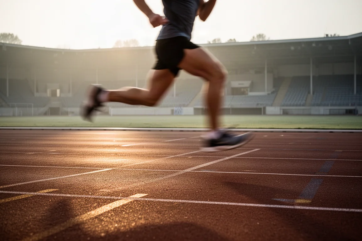 Runner warming up on a track in soft morning light