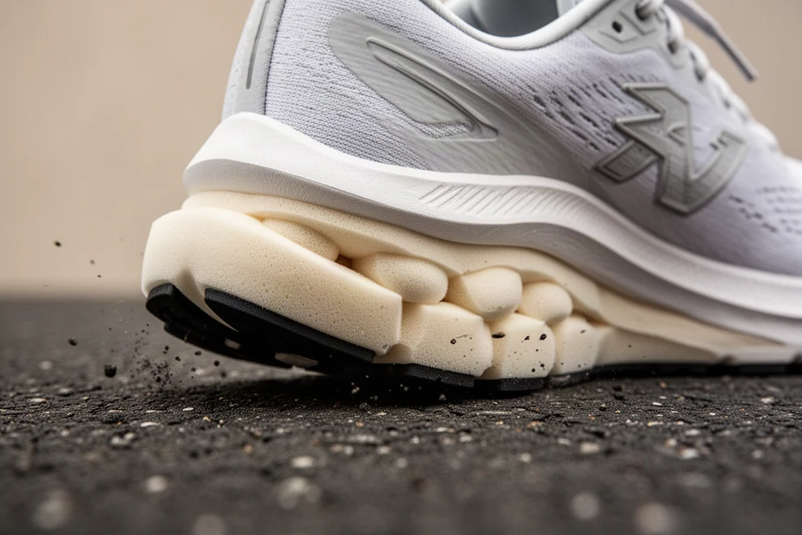 Close-up of a plush super shoe midsole compressing on impact