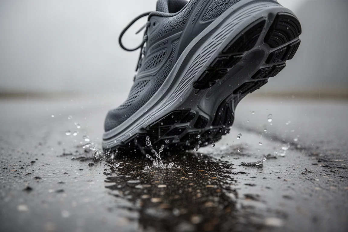 Running shoe outsole gripping wet asphalt on a rainy day