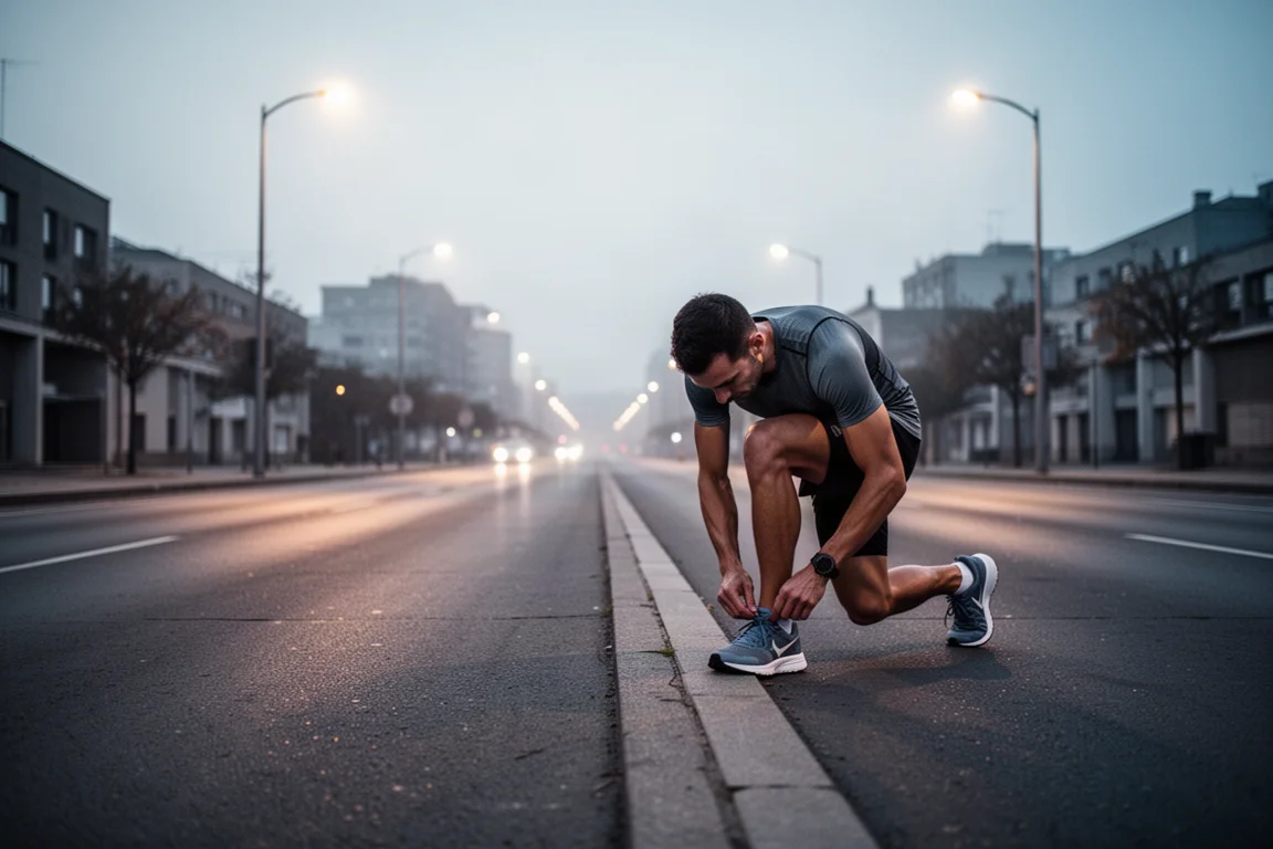 Runner starting a long run on an empty city street at dawn