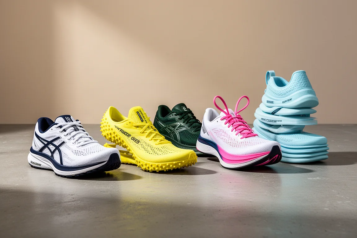 Five running shoes lined up on a concrete surface