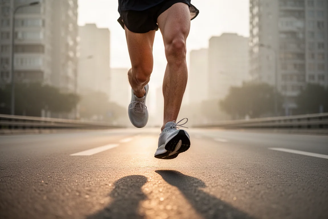 Runner's feet mid-stride on a running track in soft morning light