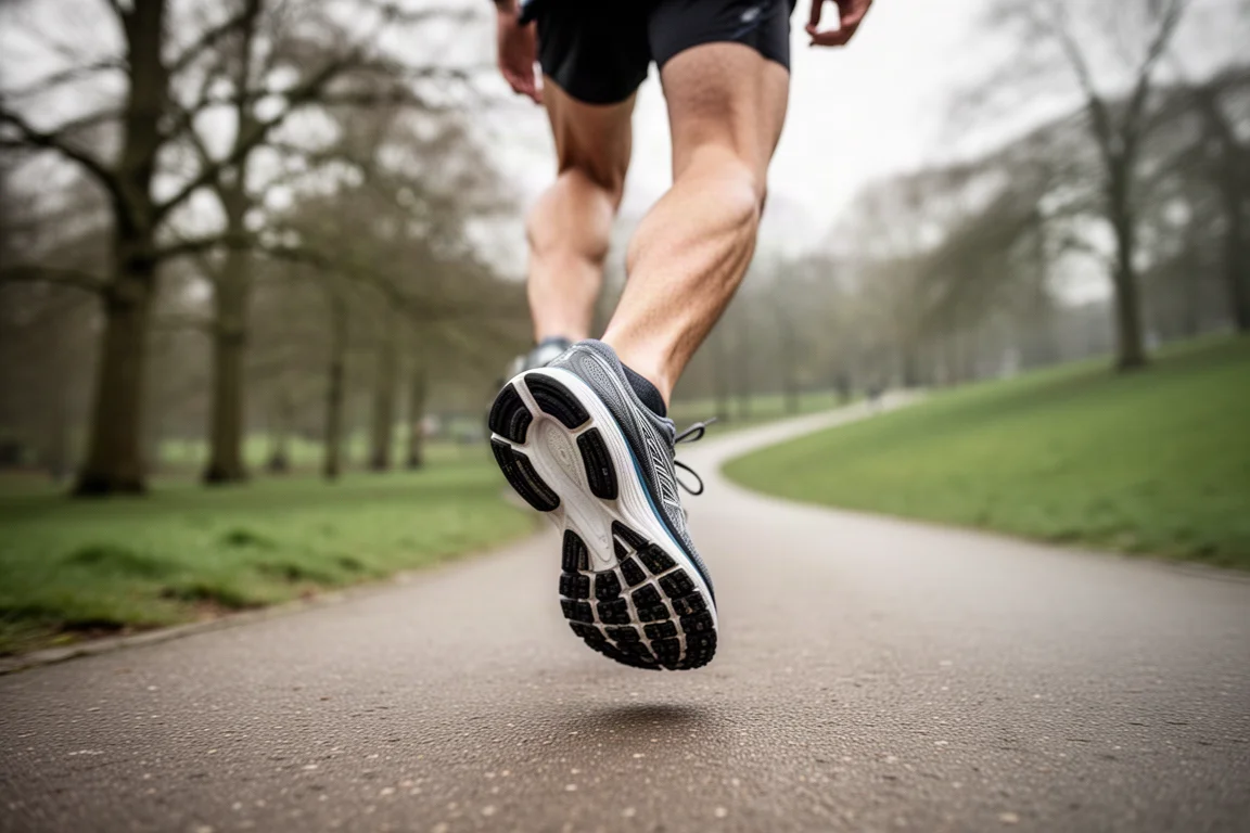 Runner moving along a tree-lined road at marathon training pace