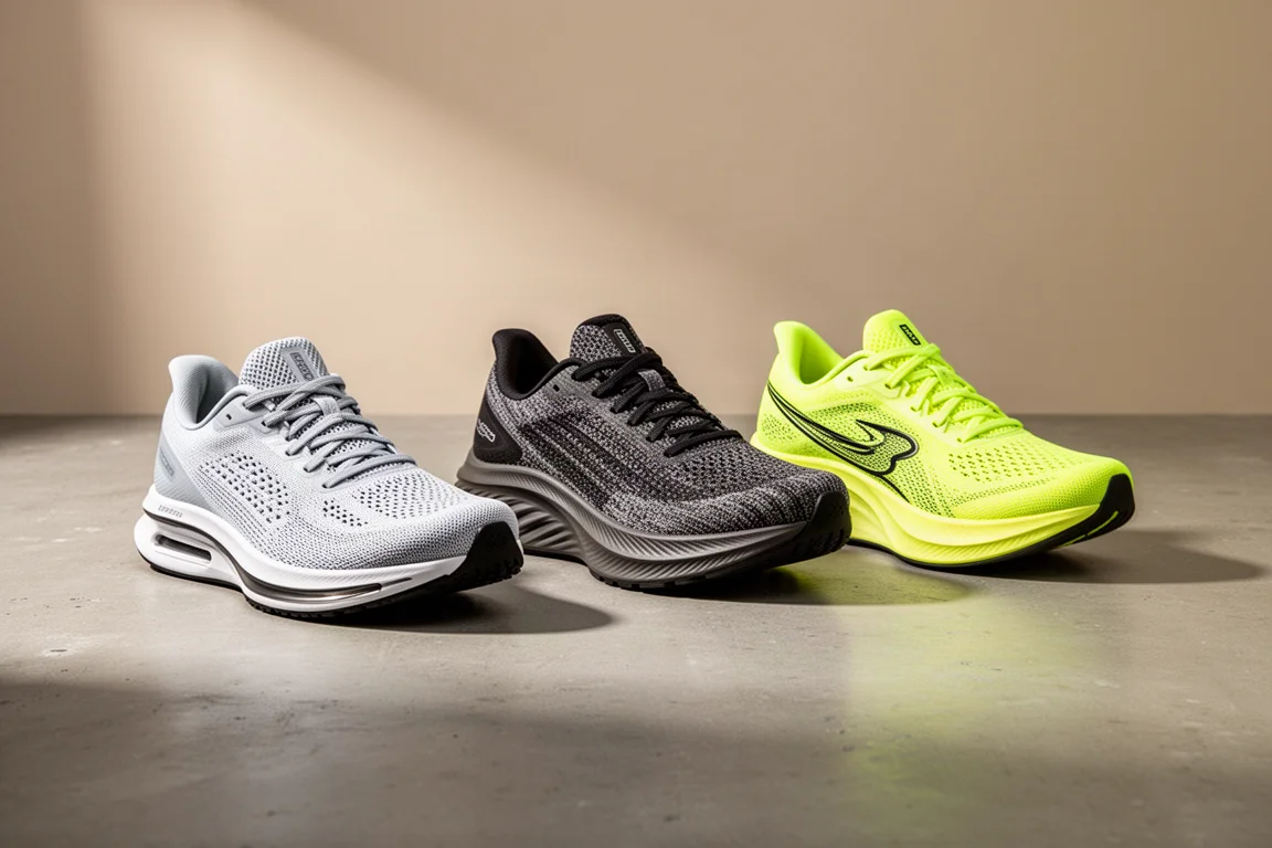 Row of ten tempo running shoes on a concrete studio surface