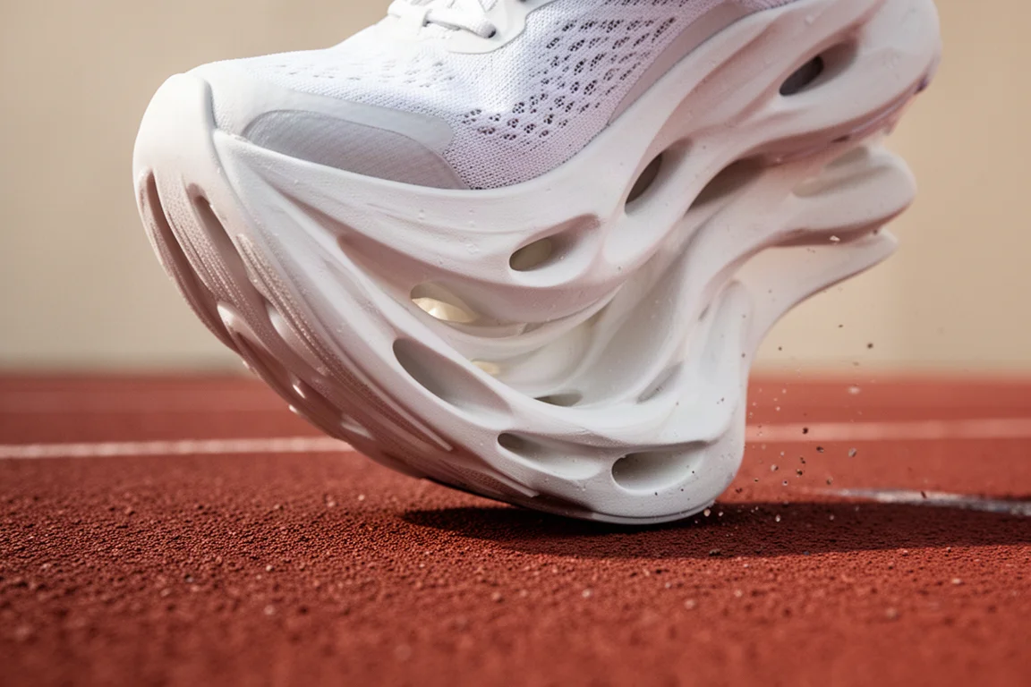 Tussenzool van een hardloopschoen met maximale demping die samendrukt op een baanoppervlak