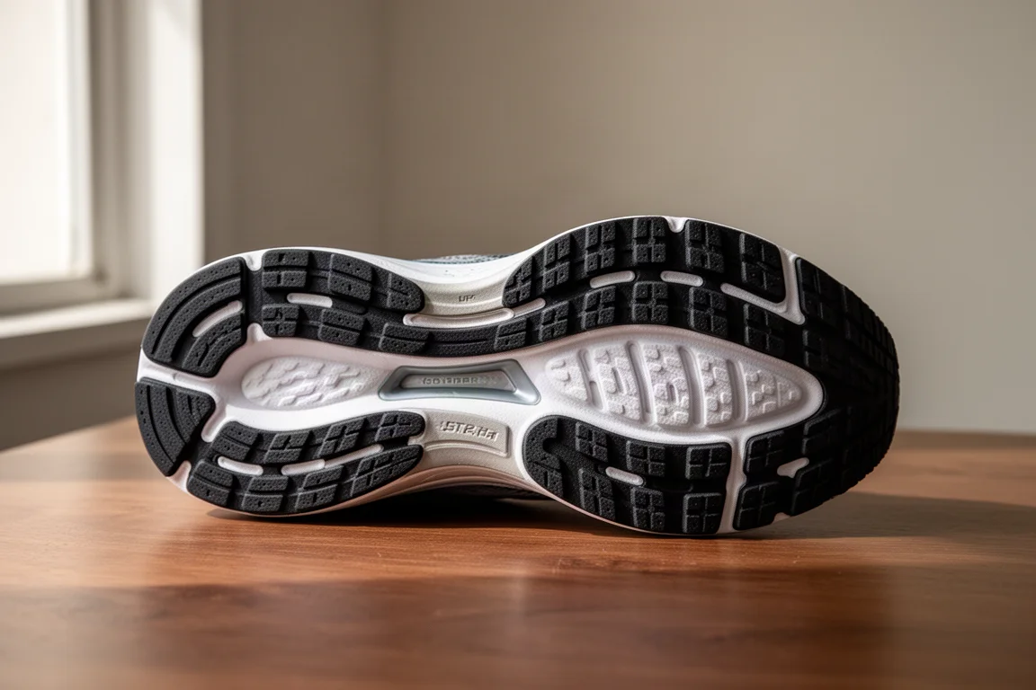Buitenzool van een hardloopschoen met plateaulaag die rubbervulling toont op een houten bankje