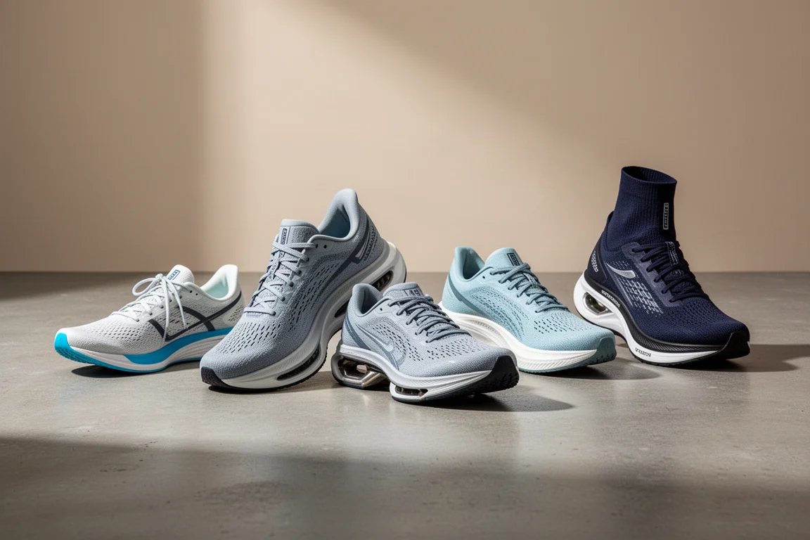 Five tempo running shoes of varying stack heights lined up on a concrete surface