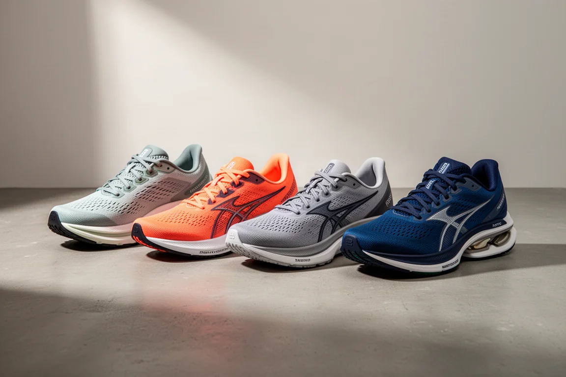 Five modern running shoes arranged in a row on a concrete surface