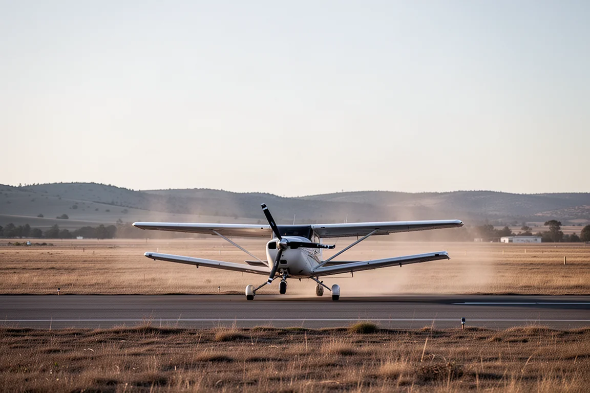 Single-engine propeller aircraft parked on a rural airfield runway in golden light