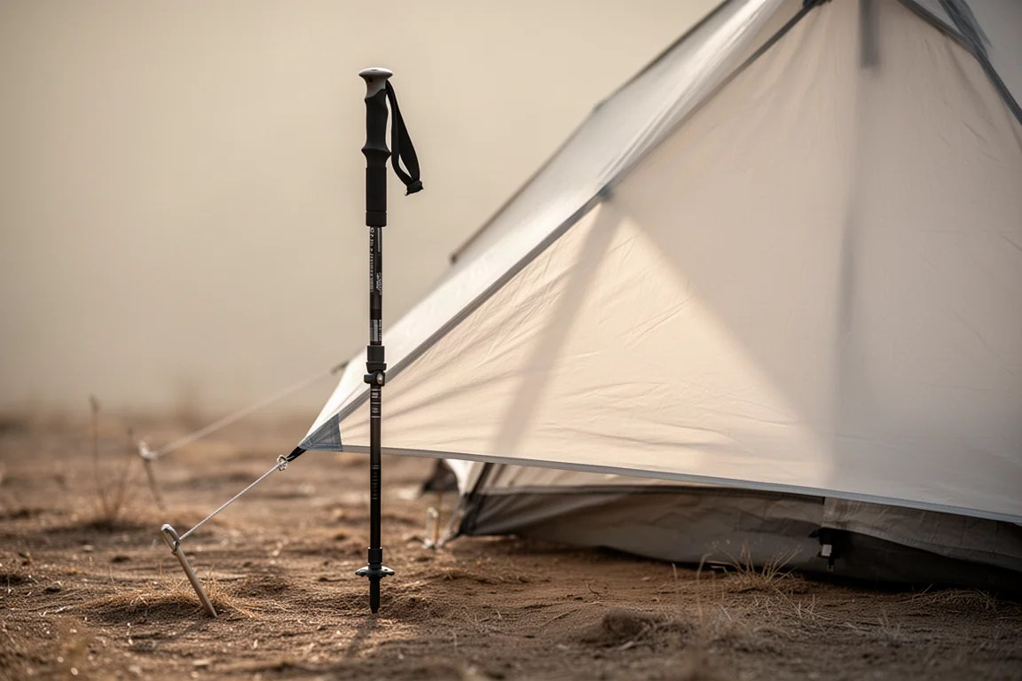Trekking pole under the apex of a translucent ultralight tent with a taut guy line