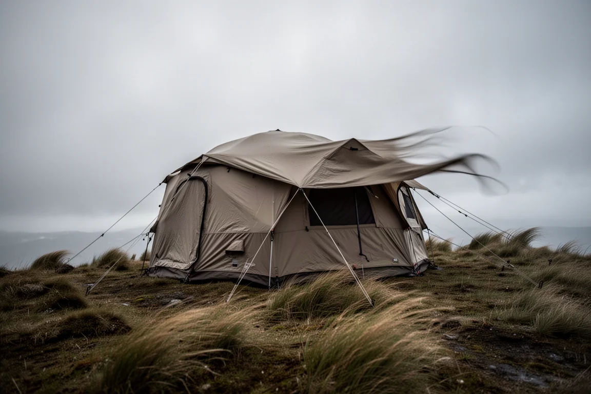 Expedition dome tent pitched on a windy grassy ridge under a grey sky