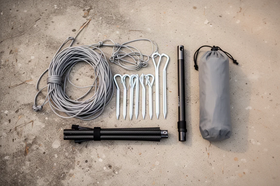 Overhead flat-lay of guy lines, aluminium stakes and a folded carbon pole