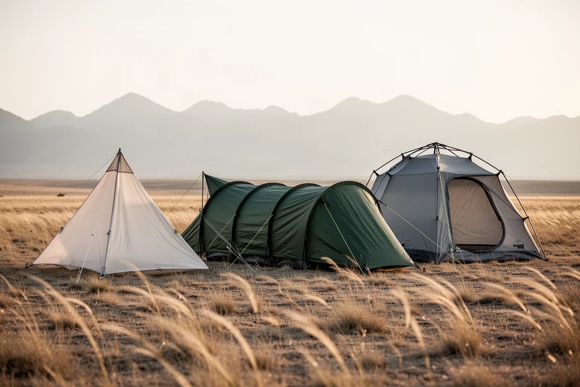Three backpacking tents of different designs pitched on dry grassland in golden light