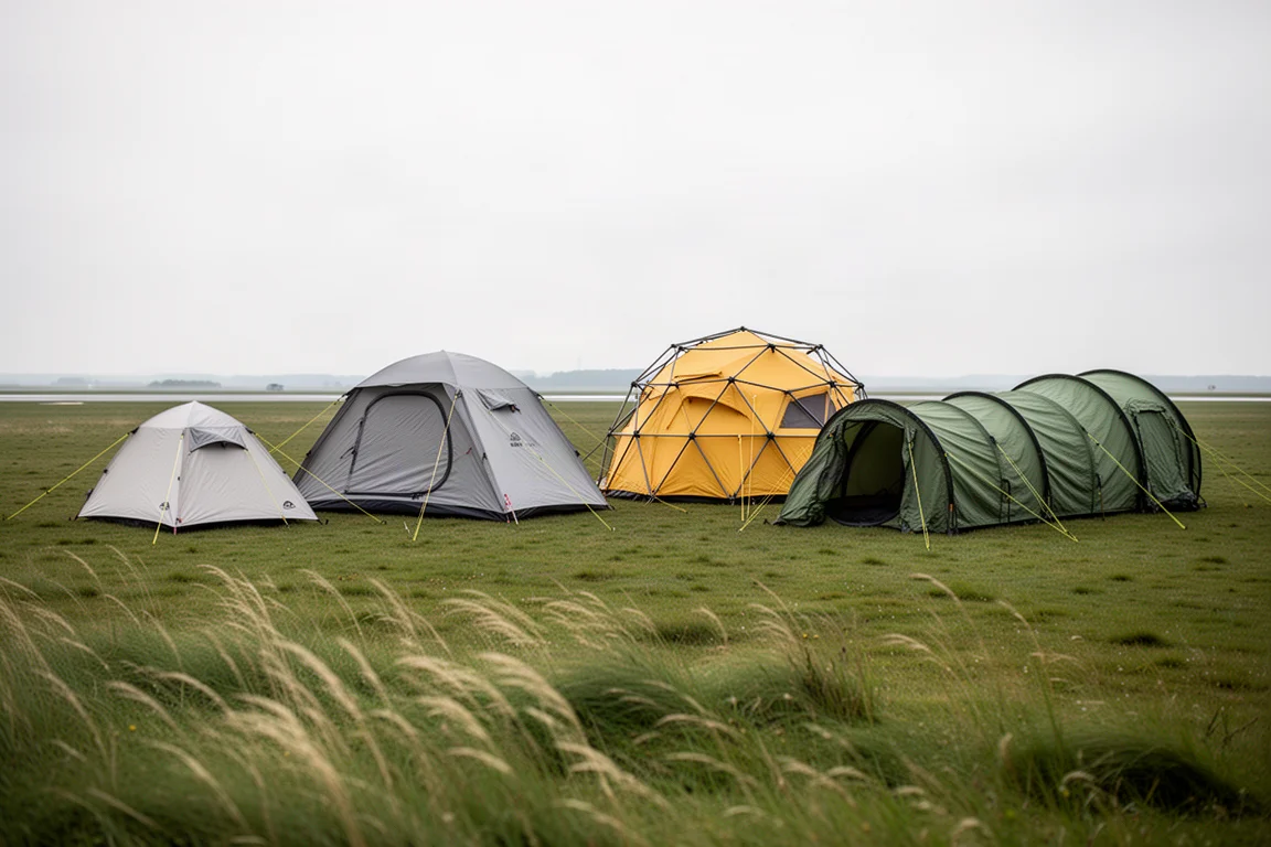 Six backpacking tents pitched in a row on an open grassy airfield under an overcast sky