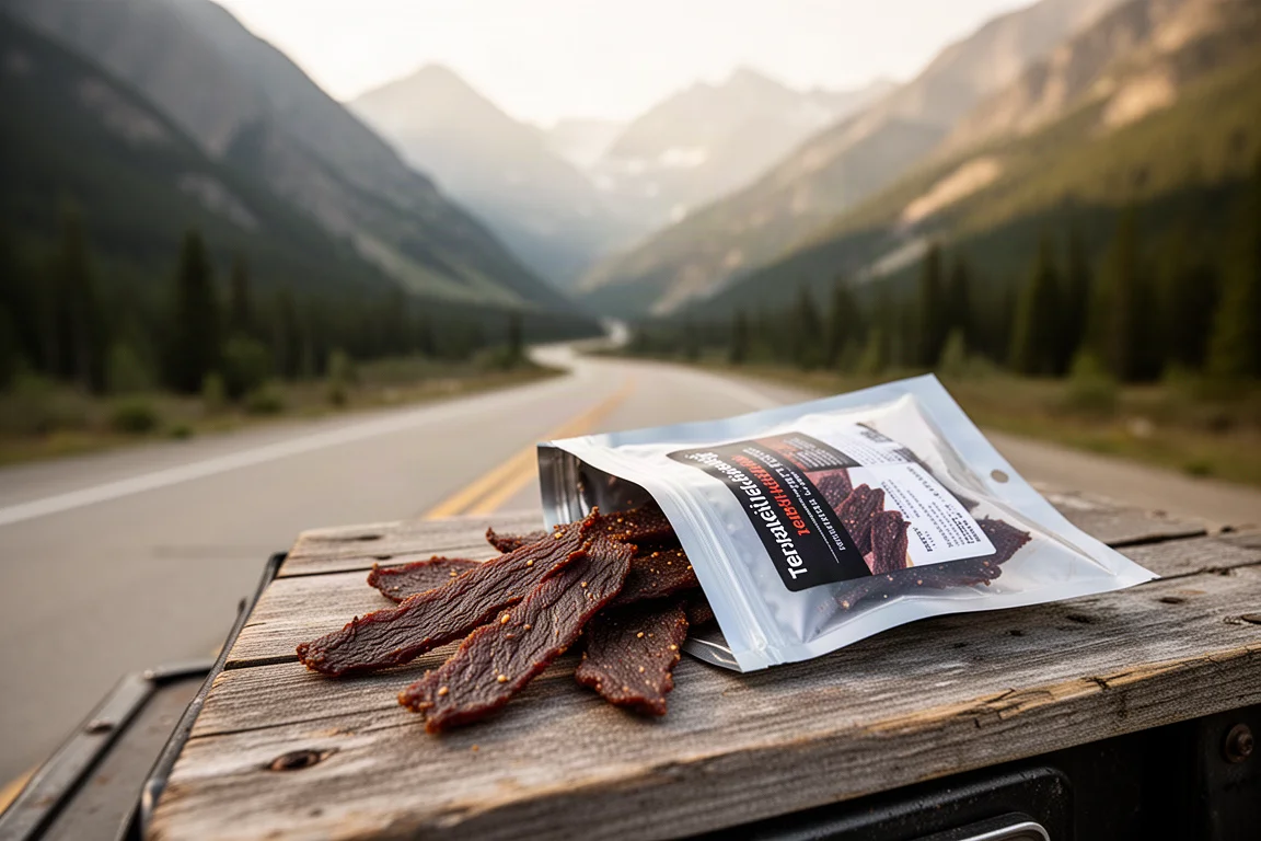 Öppnad påse teriyaki beef jerky med bitar upplagda på en lastplatta