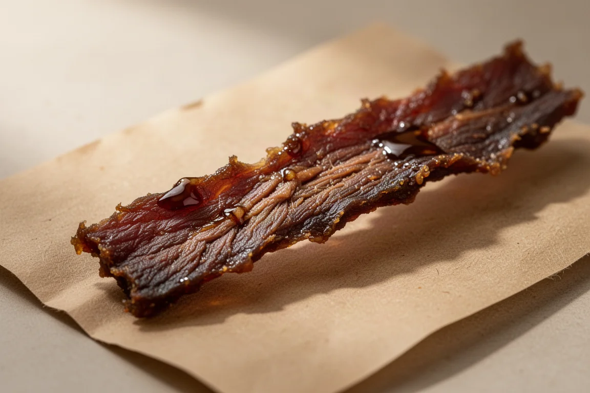 För hand sönderriven remsa av beef jerky som visar fibrös äkta kötttextur