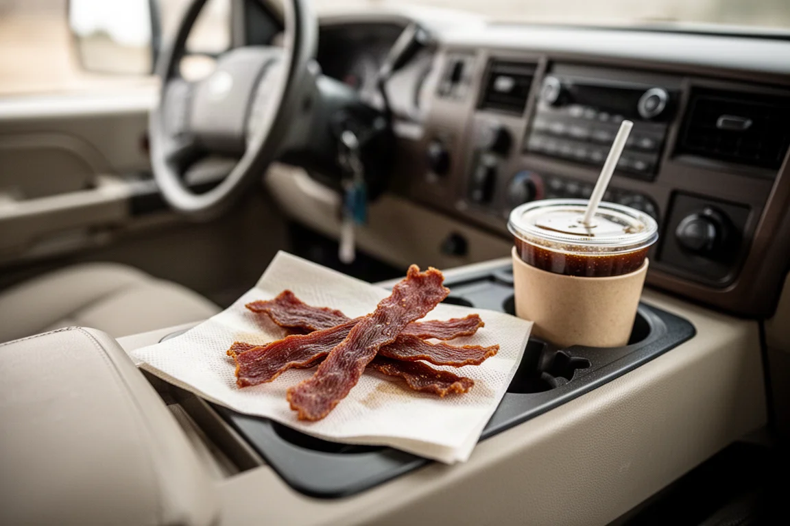 Remsorna av beef jerky och snacks packade för en bilresa i ett fordon
