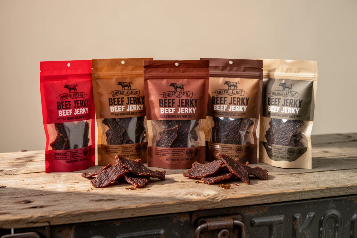 Five packages of teriyaki beef jerky lined up on a wooden tailgate