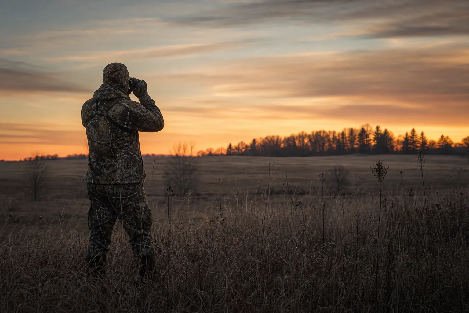 Hunter in field at dusk scanning terrain with thermal monocular