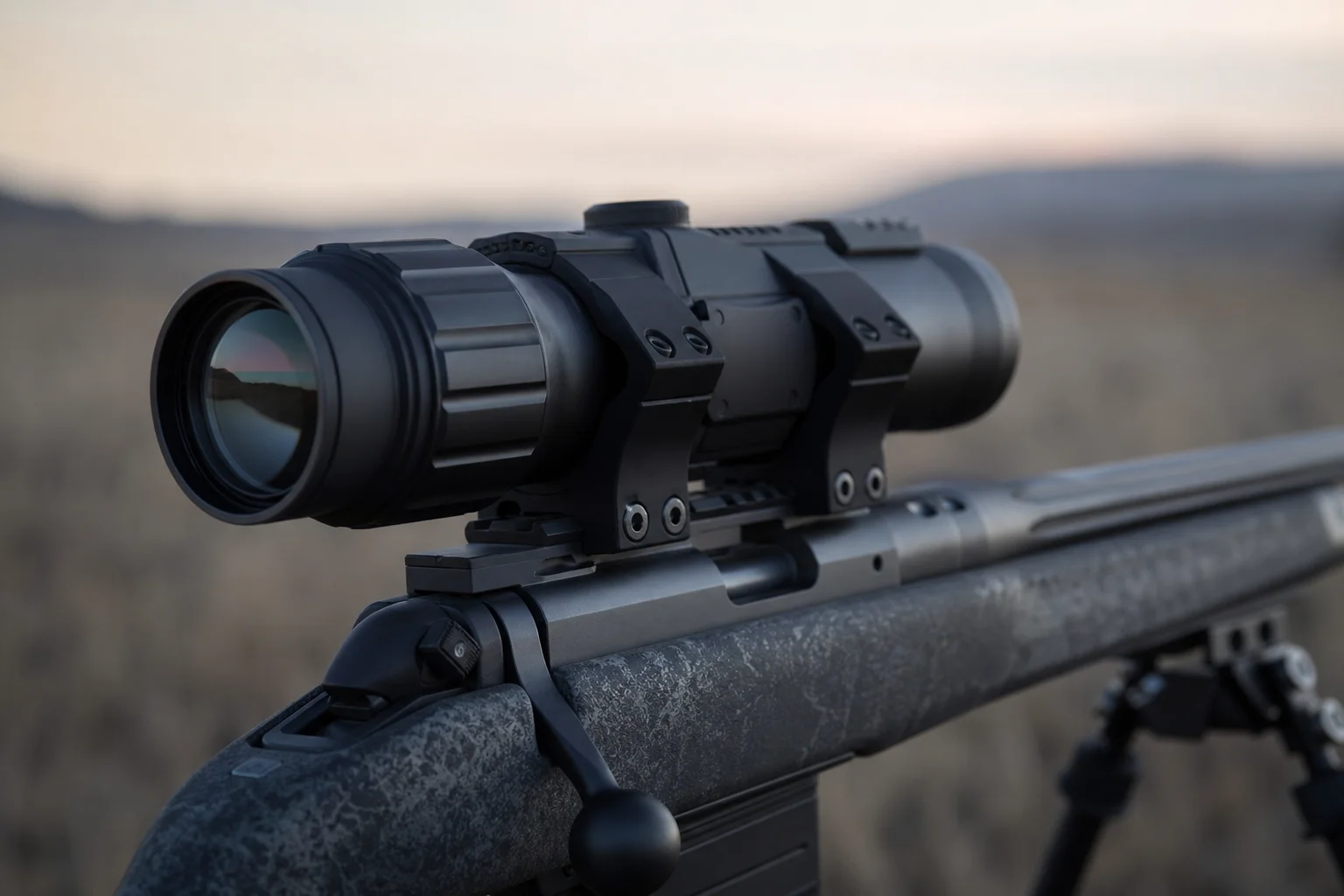Rangefinder thermal scope mounted on rifle in low-light hunting scenario