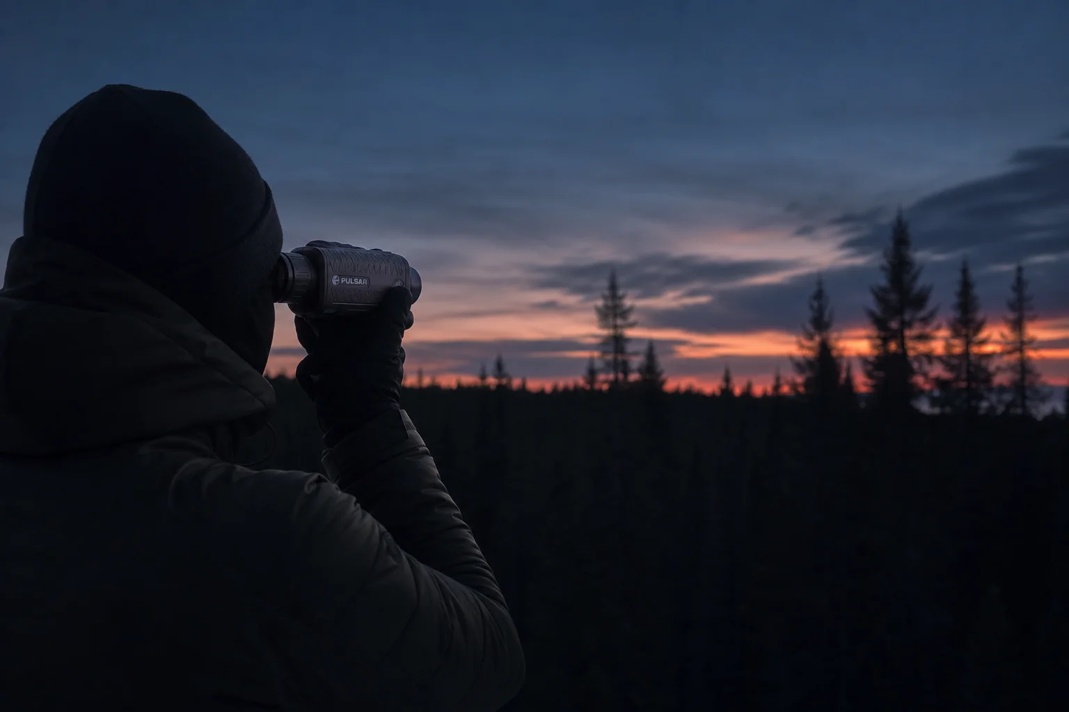 Chasseur scannant la lisière d'une forêt sombre la nuit avec un monoculaire thermique