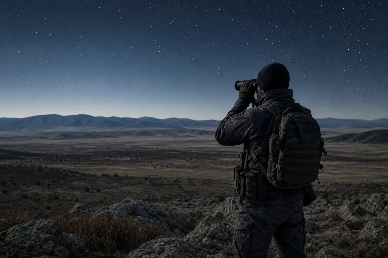 Scène de patrouille nocturne avec un monoculaire thermique utilisé sur un terrain dégagé