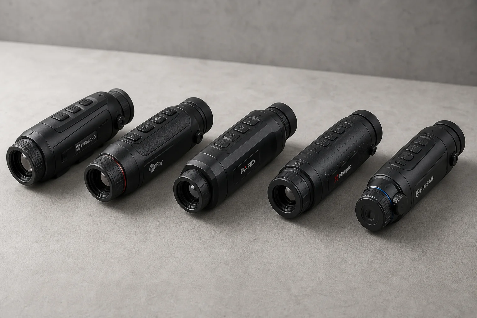 Five thermal monoculars arranged on concrete surface