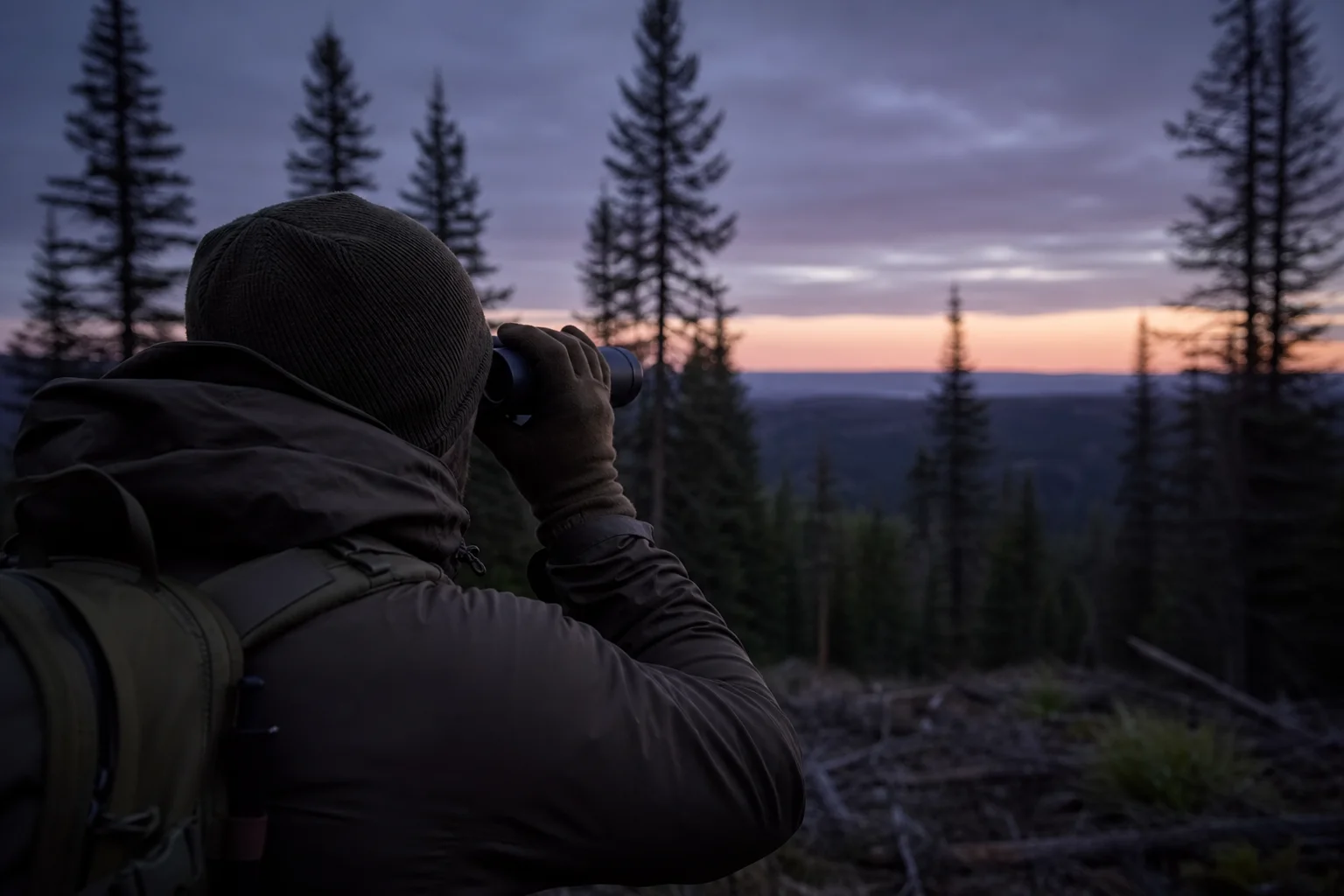 Un chasseur scanne une forêt sombre avec un monoculaire thermique au crépuscule