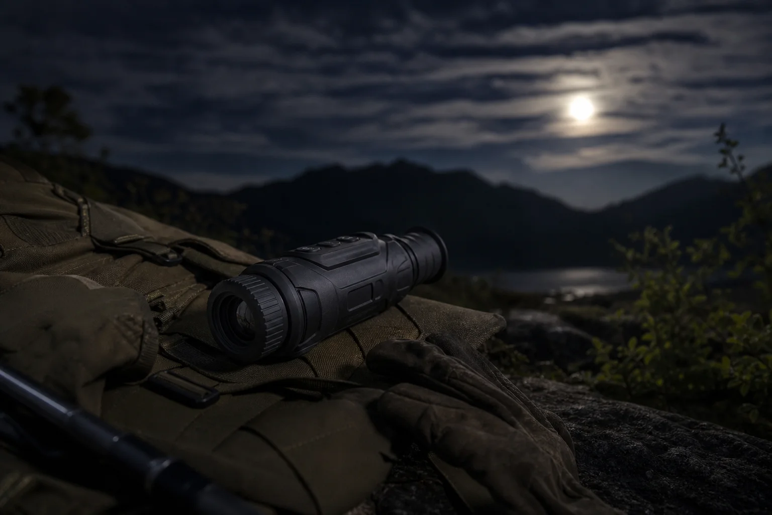 Monoculaire thermique sur un équipement d'extérieur avec un paysage nocturne en arrière-plan